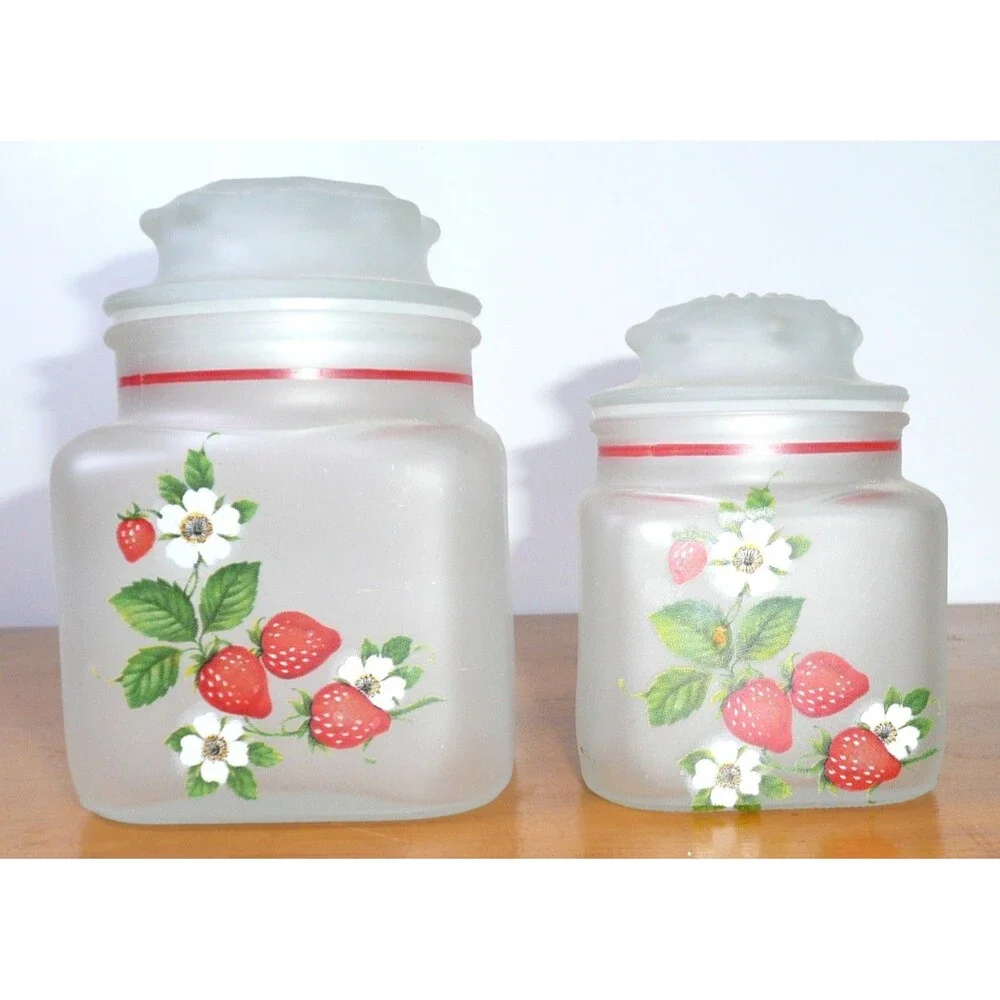 Vintage Anchor Hocking Strawberry Canister Set, 4 Piece Frosted/Satin Glass